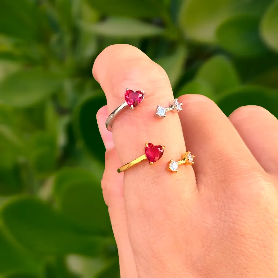 Anillo Corazon Rosa Y Zirconias Ajustable Chapa de Oro