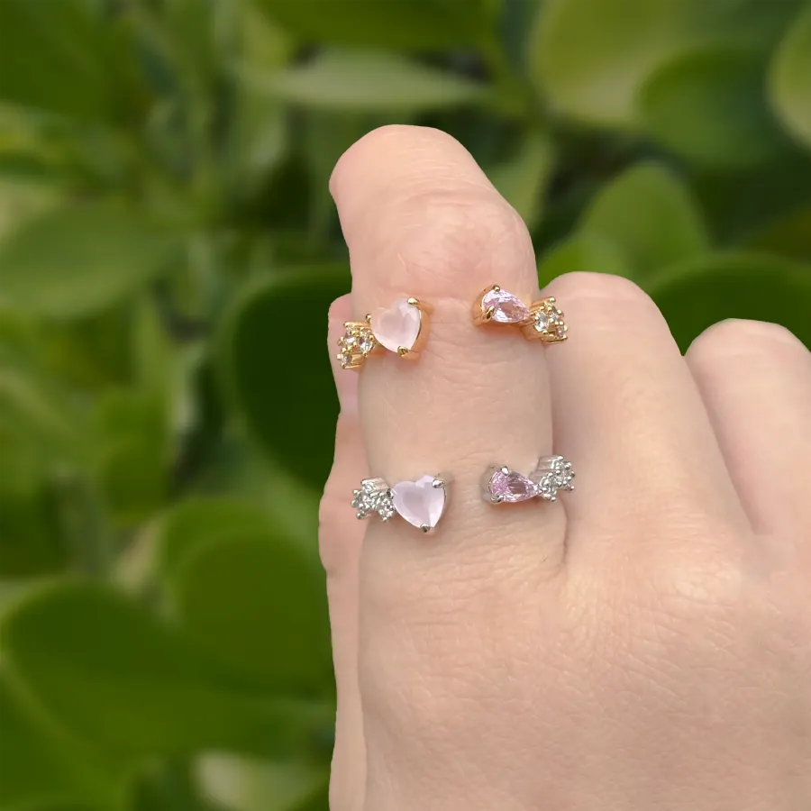 Anillo Corazon Rosa Ajustable Chapa de Oro