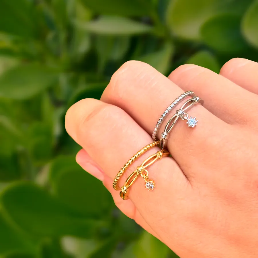 Anillo Doble Con Zirconia Ajustable Chapa de Oro