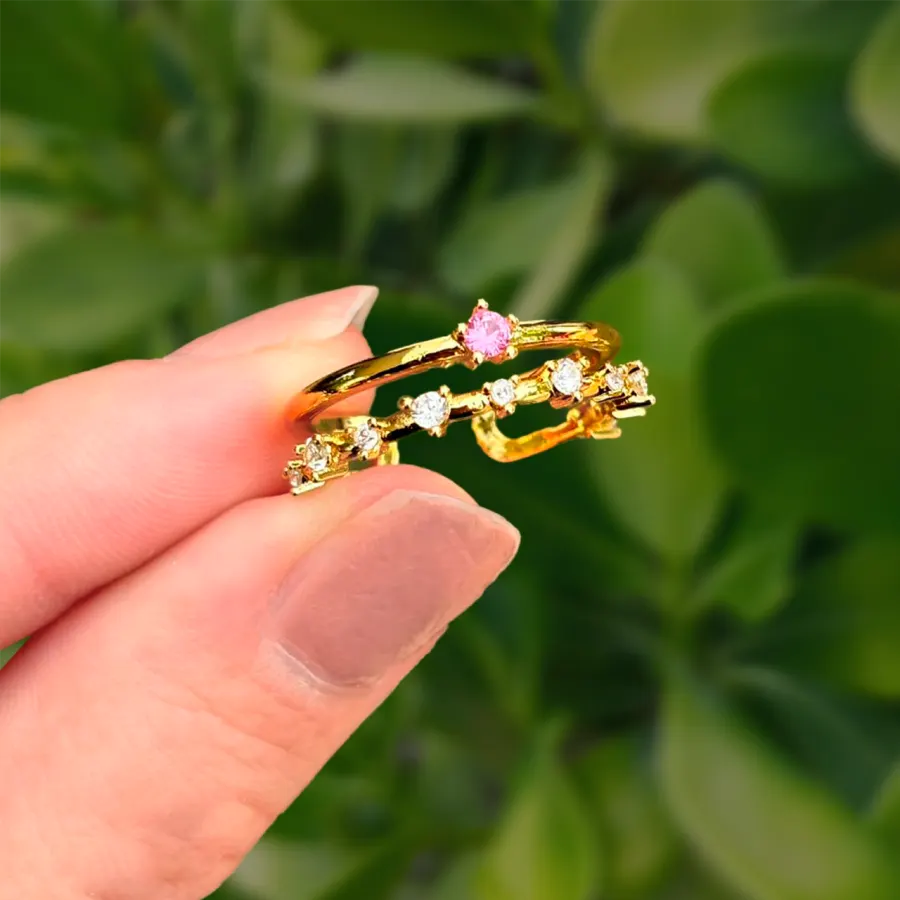 Anillo Doble Dorado Zirconias Ajustable Chapa de Oro