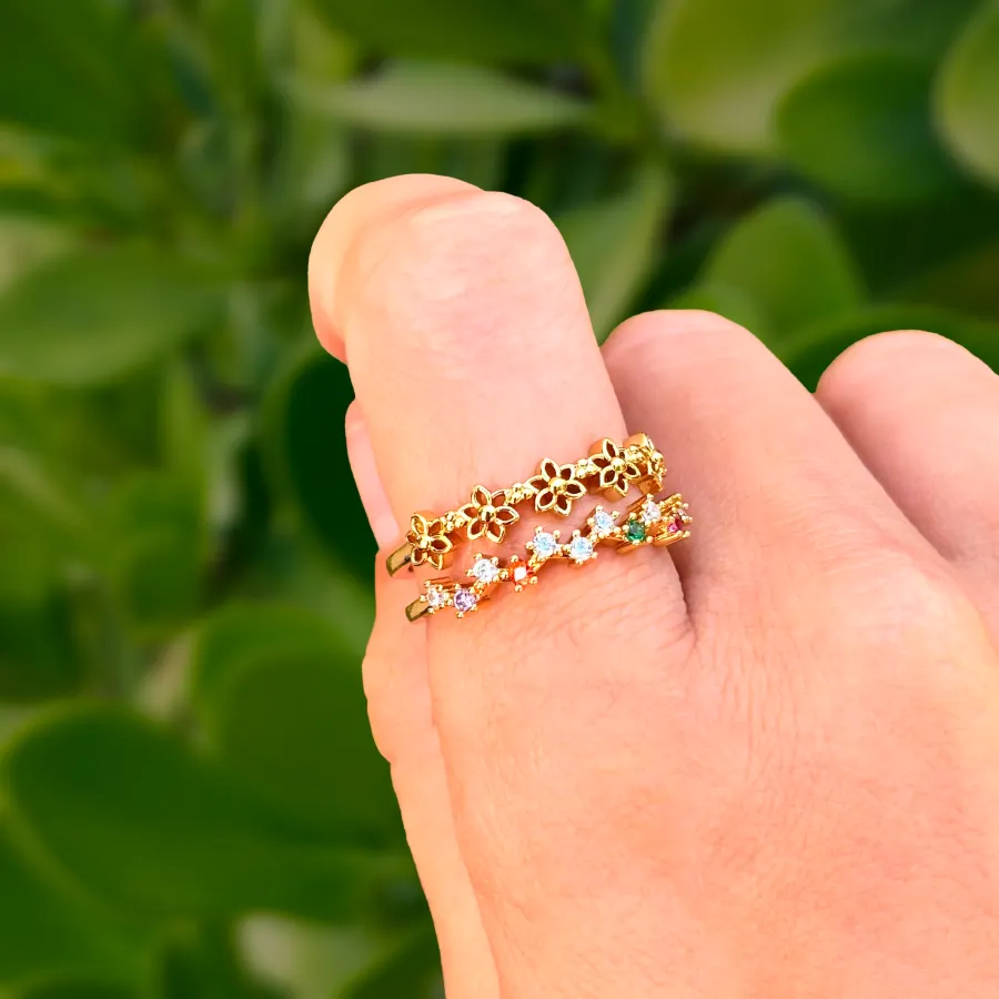 Anillo Doble Flores Y Zirconias Ajustable Chapa de Oro