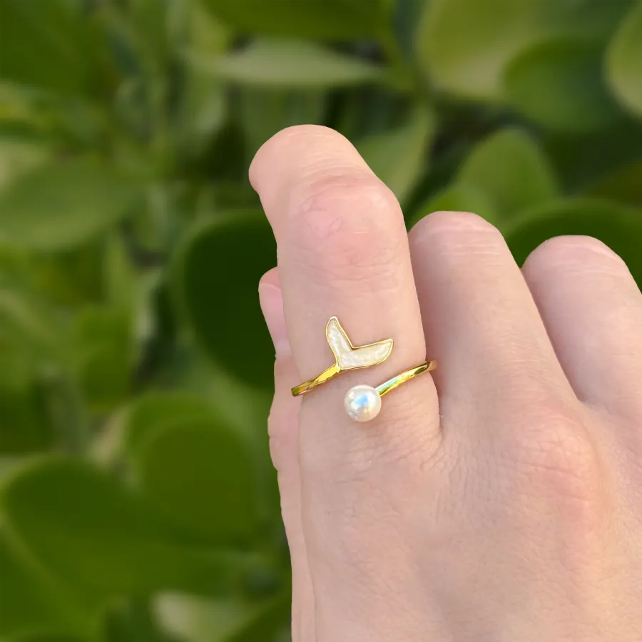 Anillo Dorado Cola de Sirena con Perla Ajustable Chapa de Oro