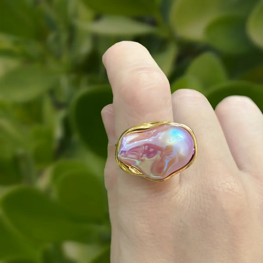 Anillo Perla Nacarada Irregular Acero Inoxidable