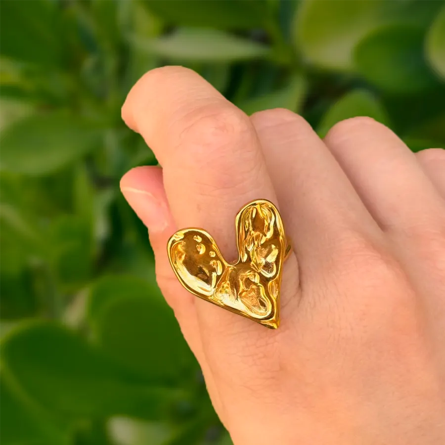 Anillo Dorado Corazón Corrugado Ajustable Acero Inoxidable