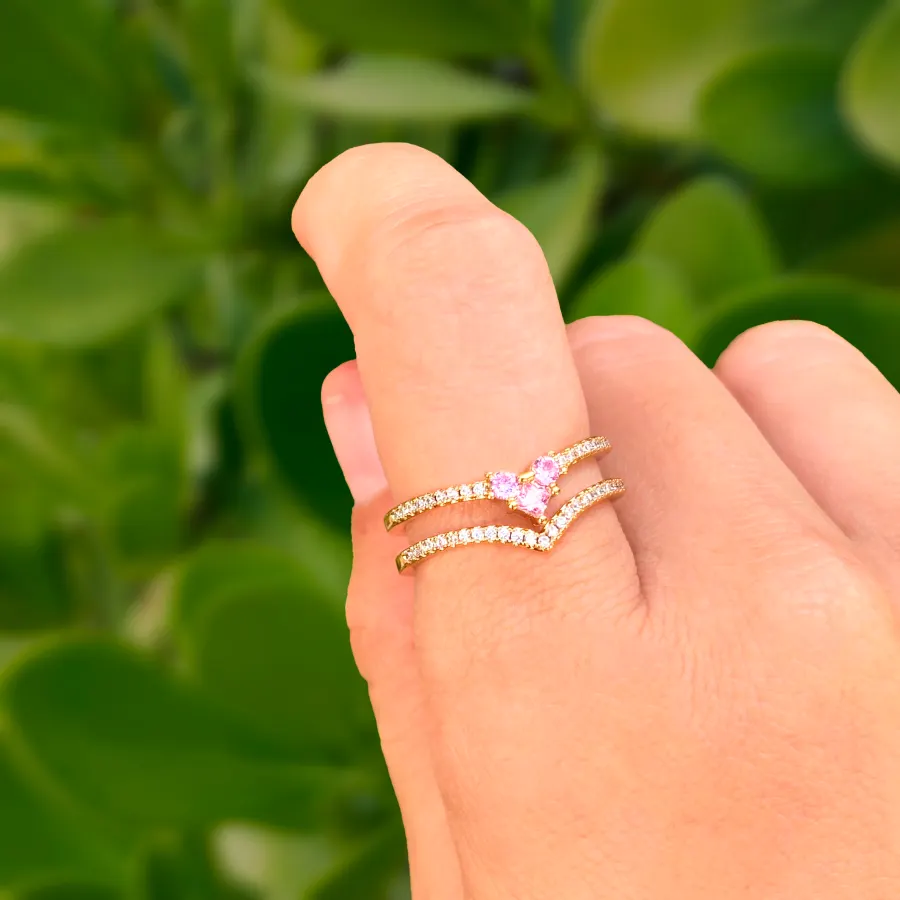 Anillo Dorado Doble Corazon Chapa de Oro