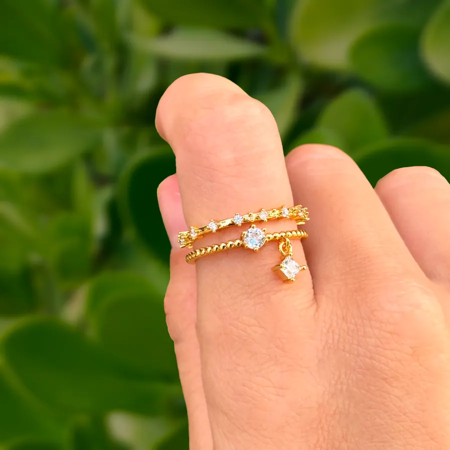 Anillo Dorado Doble Zirconia Colgante Chapa de Oro