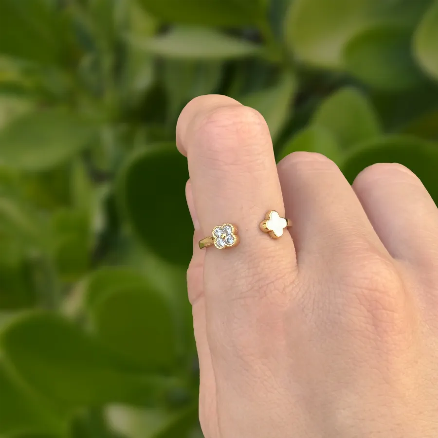 Anillo Dorado Flor Trebol Ajustable Chapa de Oro
