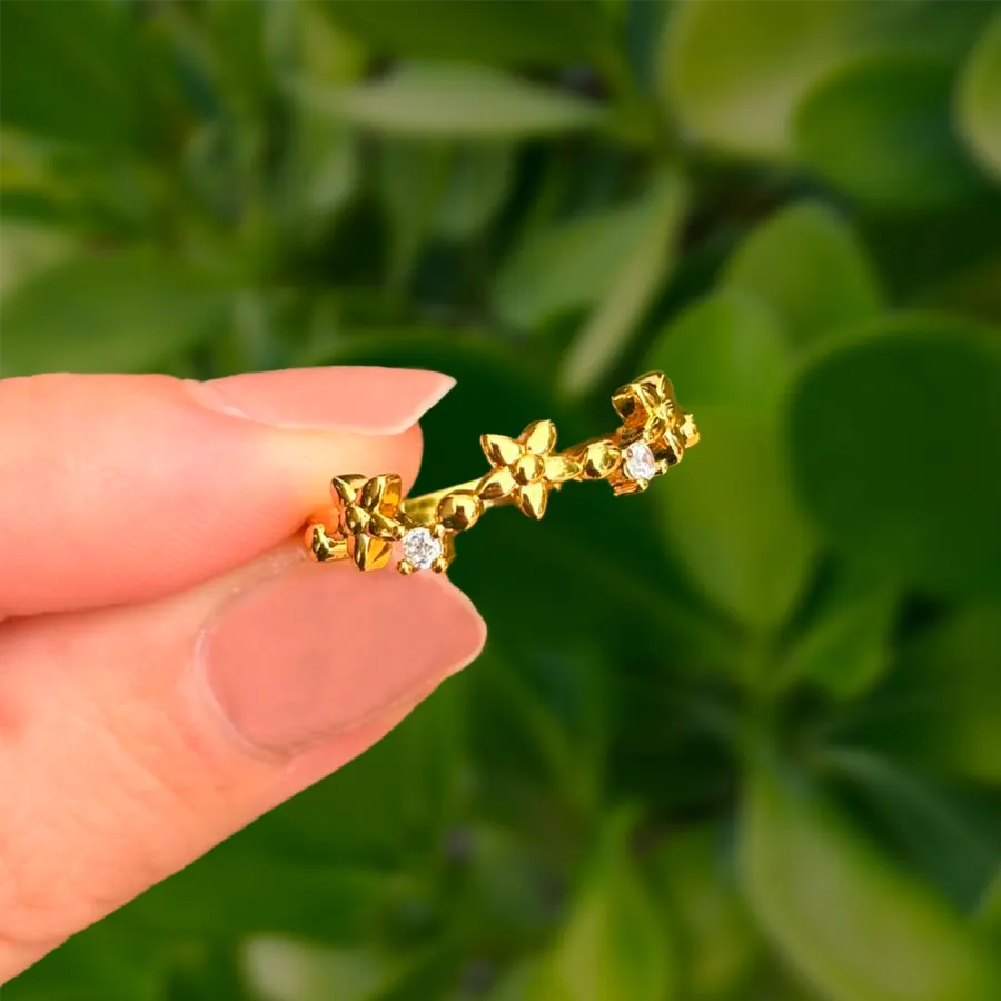 Anillo Dorado Florecitas y Zirconias Ajustable Chapa de Oro