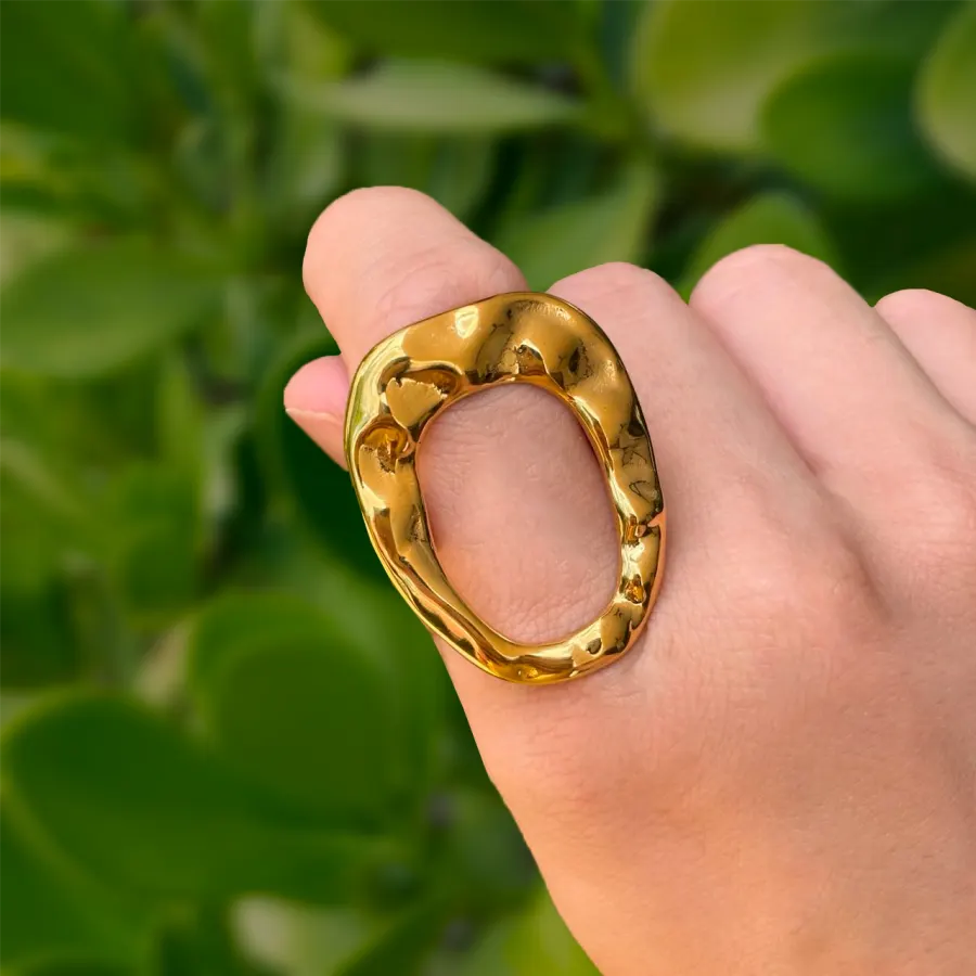 Anillo Dorado Gran O Irregular Ajustable Acero Inoxidable