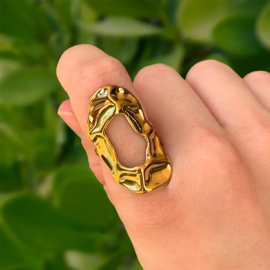 Anillo Dorado Gran O Irregular Ajustable Acero Inoxidable