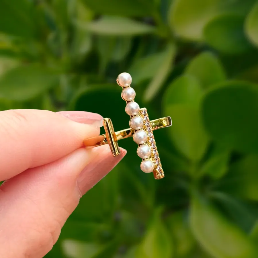 Anillo Dorado Linea de Perlas Ajustable Chapa de Oro