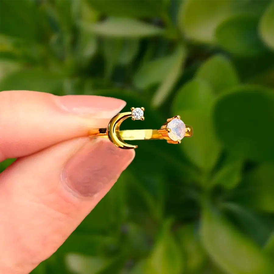 Anillo Dorado Luna y Zirconias Ajustable Chapa de Oro