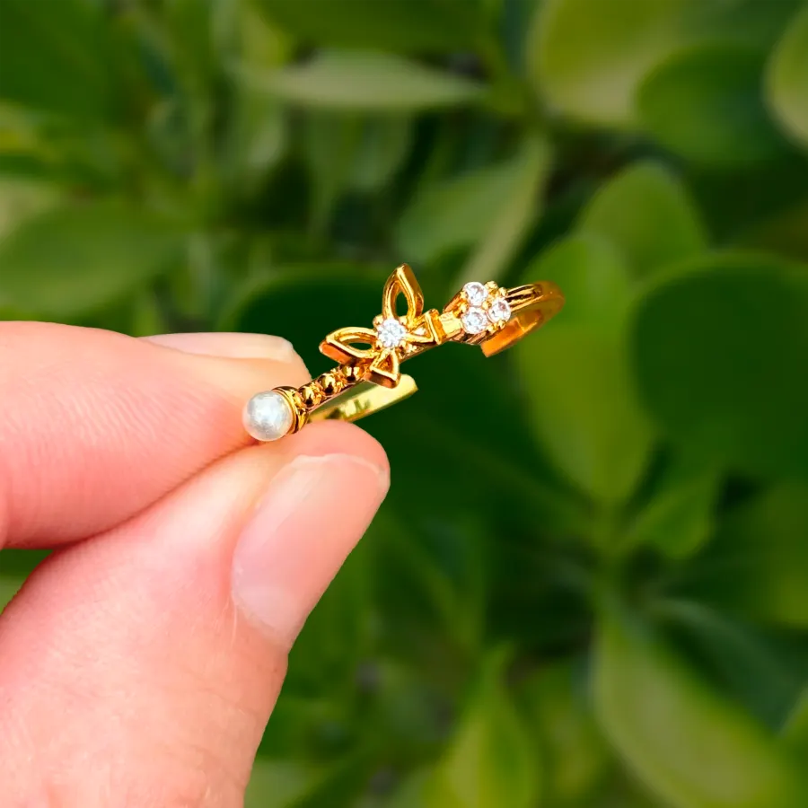 Anillo Dorado Mariposas con Perla y Zirconia Ajustable Chapa de Oro