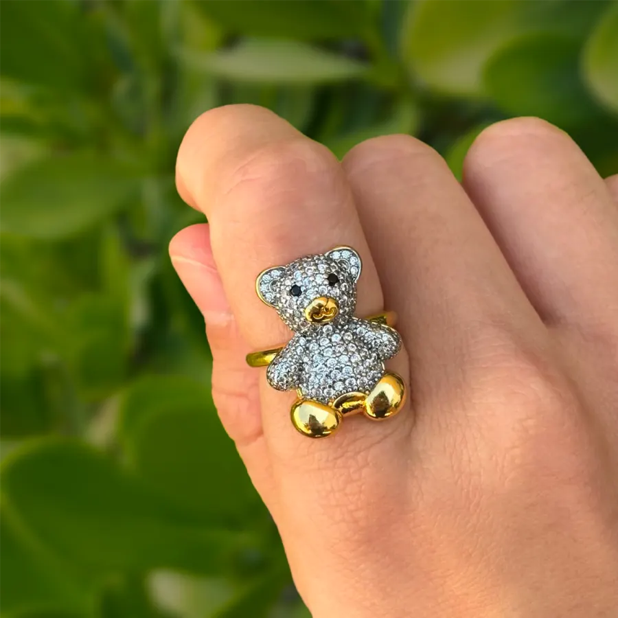 Anillo Dorado Oso Brillante Chapa de Oro