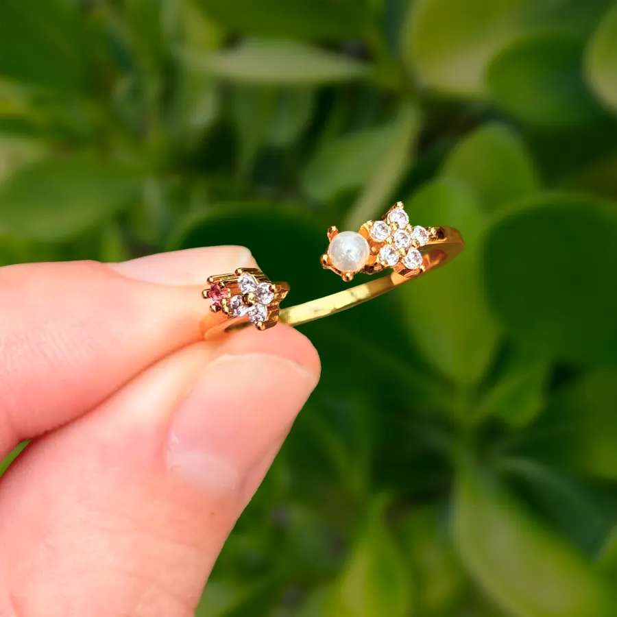 Anillo Dorado Perla Flor Ajustable Chapa de Oro