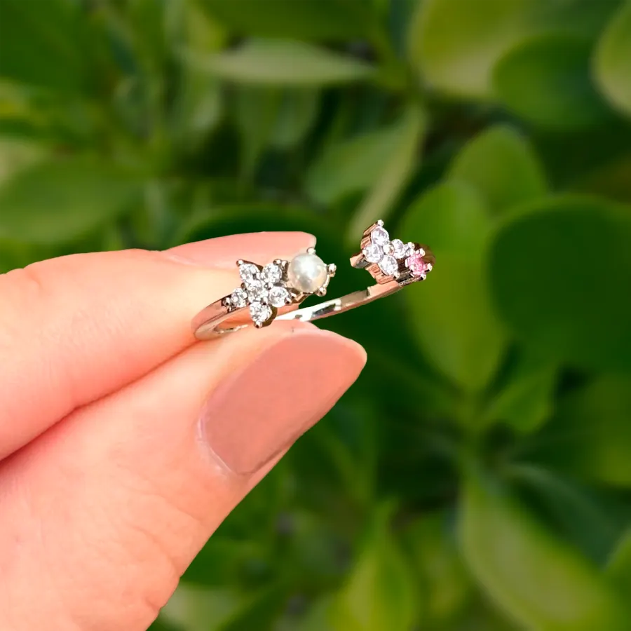 Anillo Plateado Perla y Zirconias Ajustable Chapa de Oro