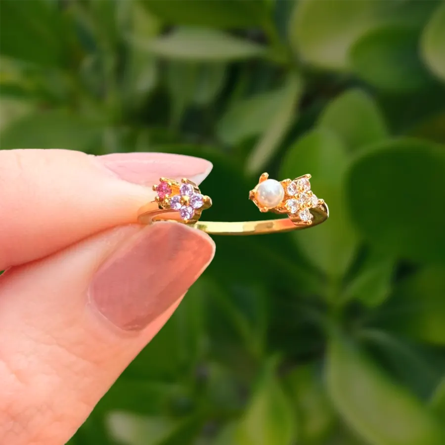 Anillo Dorado Perla y Zirconias Ajustable Chapa de Oro