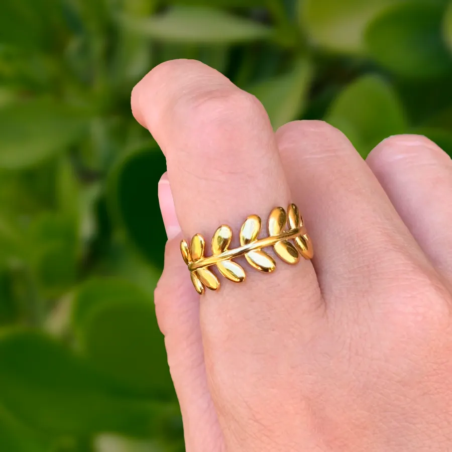 Anillo Dorado Laurel Ajustable Acero Inoxidable