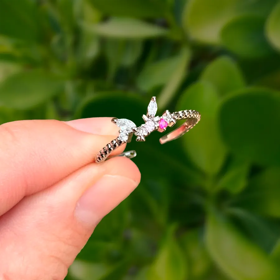Anillo Plateado Zirconias Ajustable Chapa de Oro
