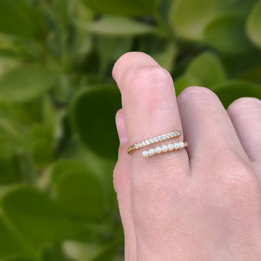Anillo Dorado Zirconias y Perlitas Ajustable Chapa de Oro