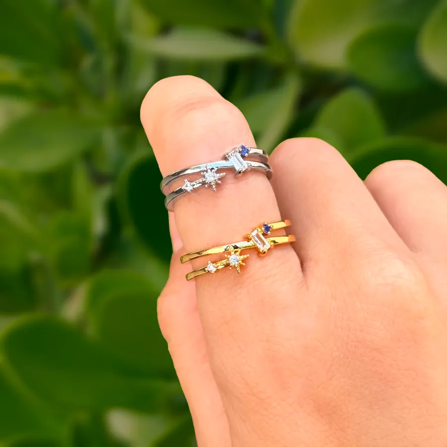 Anillo Estrella y Zirconia Azul Ajustable Chapa de Oro