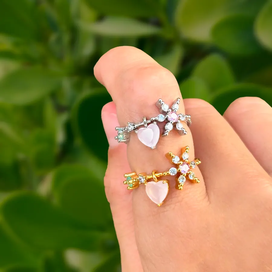 Anillo Flor Corazón Ajustable Chapa de Oro