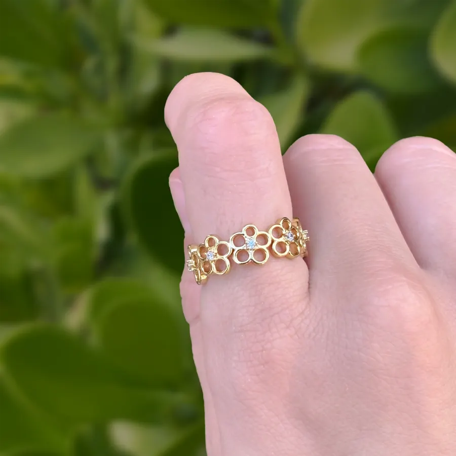 Anillo Flores Doradas Chapa de Oro Ajustable