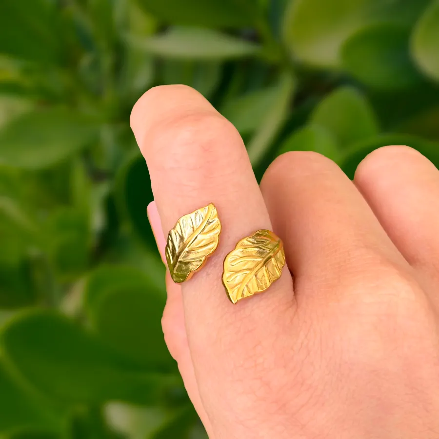 Anillo Dorado Hojas Encontradas Acero Inoxidable