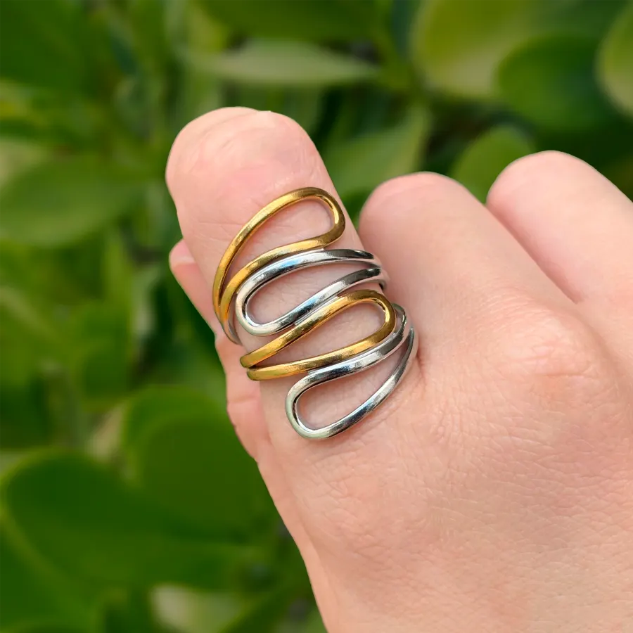 Anillo Irregular Oro - Plata Ajustable Acero Inoxidable