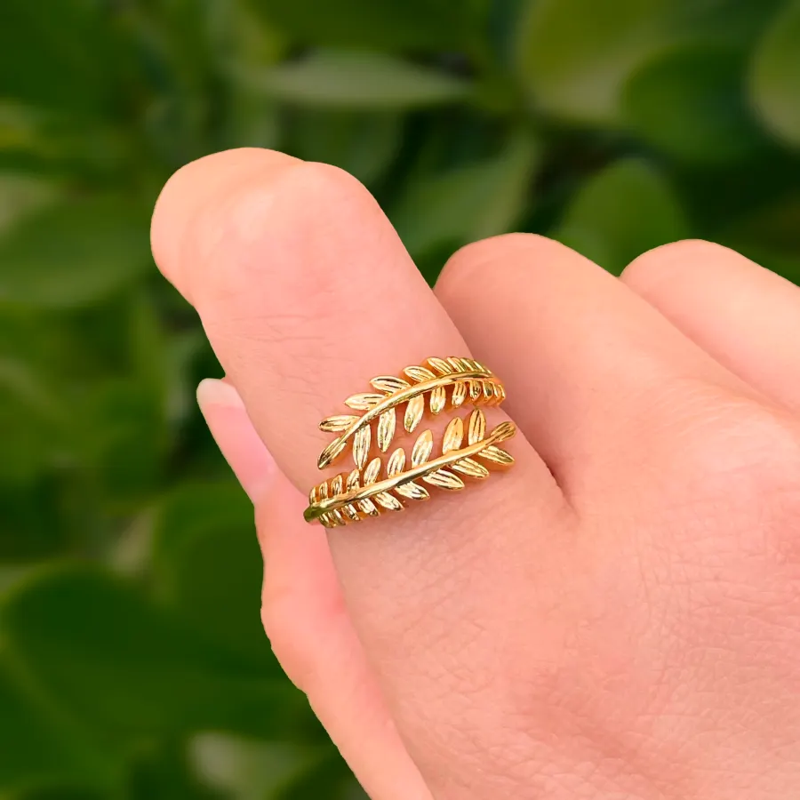Anillo Laureles Chapa de Oro Ajustable