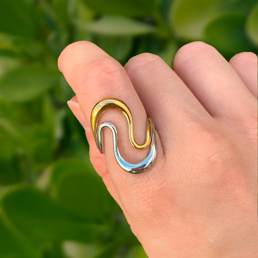 Anillo Oro-Plata Onda Acero Inoxidable