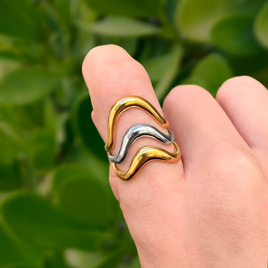 Anillo Oro-Plata Onda Acero Inoxidable