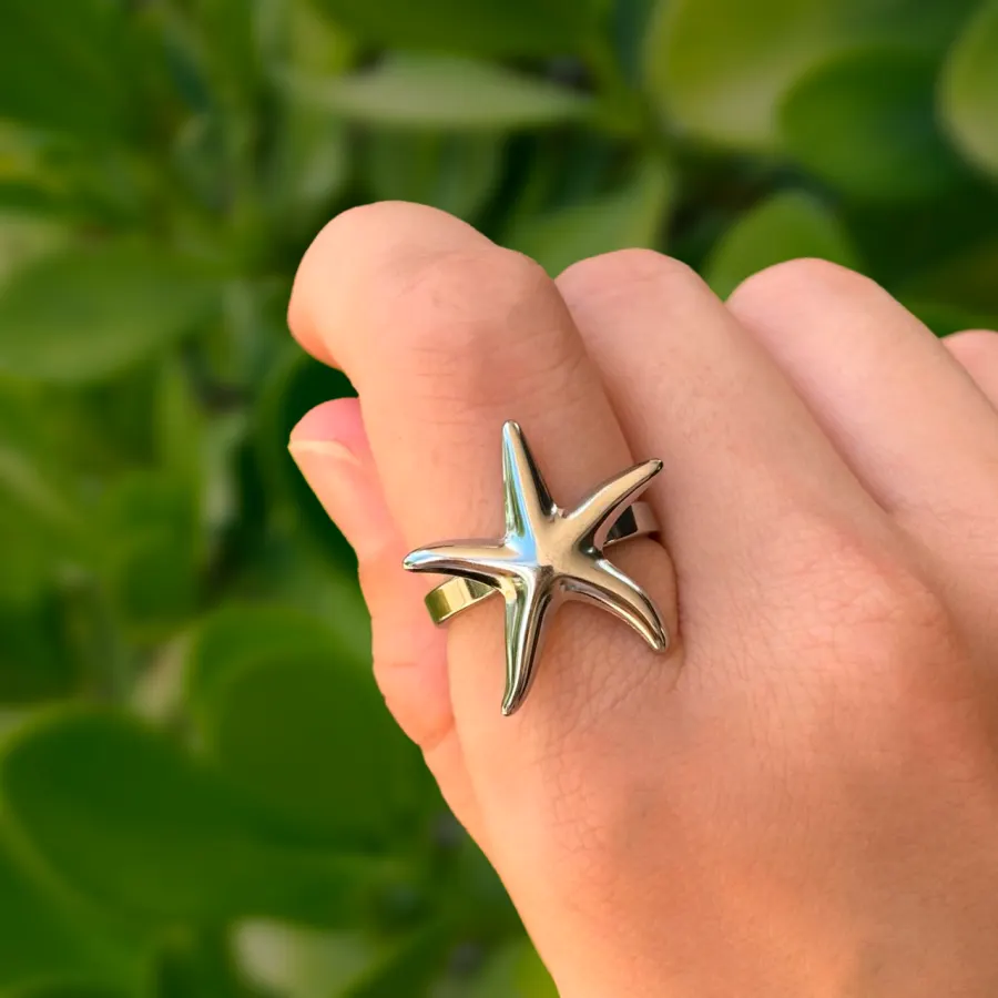 Anillo Plateado Estrella de Mar Acero Inoxidable
