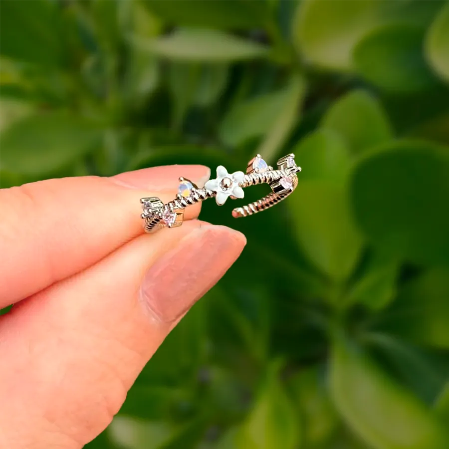 Anillo Plateado Flor y Zirconia Ajustable Chapa de Oro