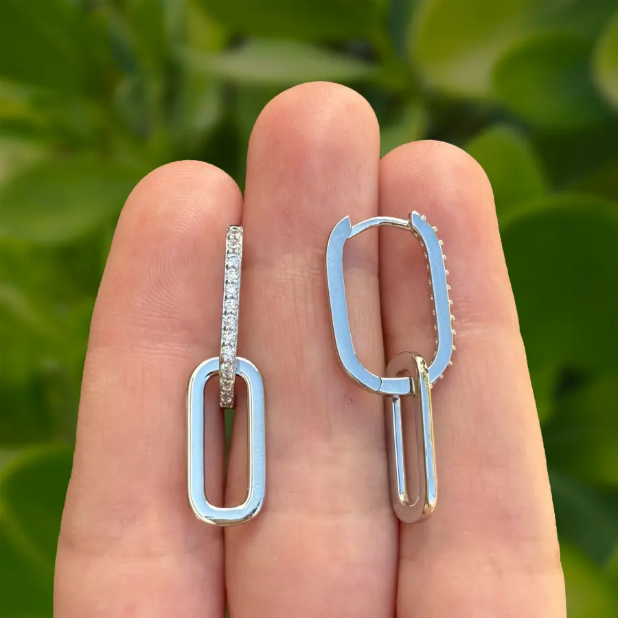 Aretes Arracada Plateada Doble con Zirconias Chapa de Oro
