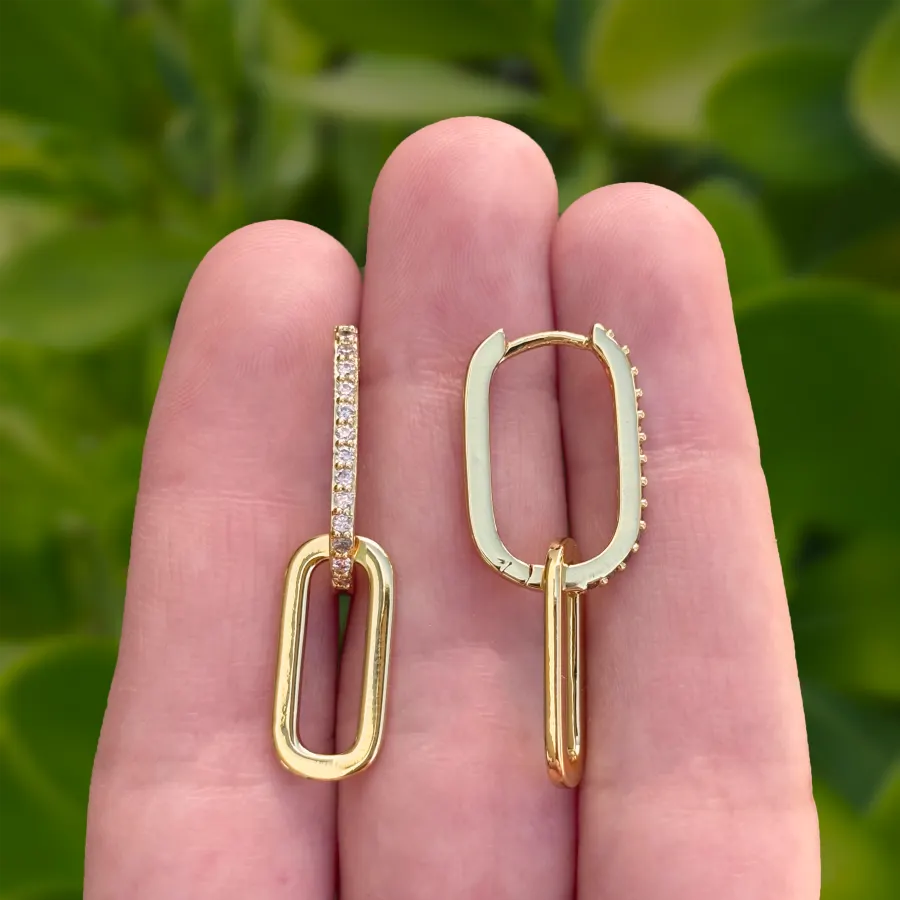 Aretes Arracada Dorada Doble Zirconias Chapa de Oro