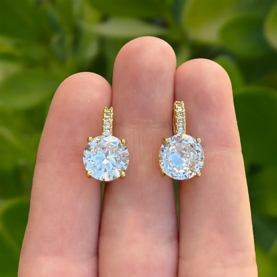 Aretes Arracada Dorada Zirconia Blanca Chapa de Oro