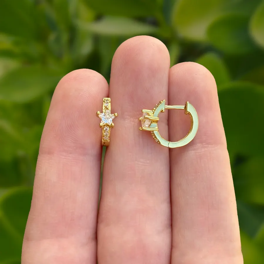 Aretes Arracada Dorada Zirconia de Estrella Chapa de Oro