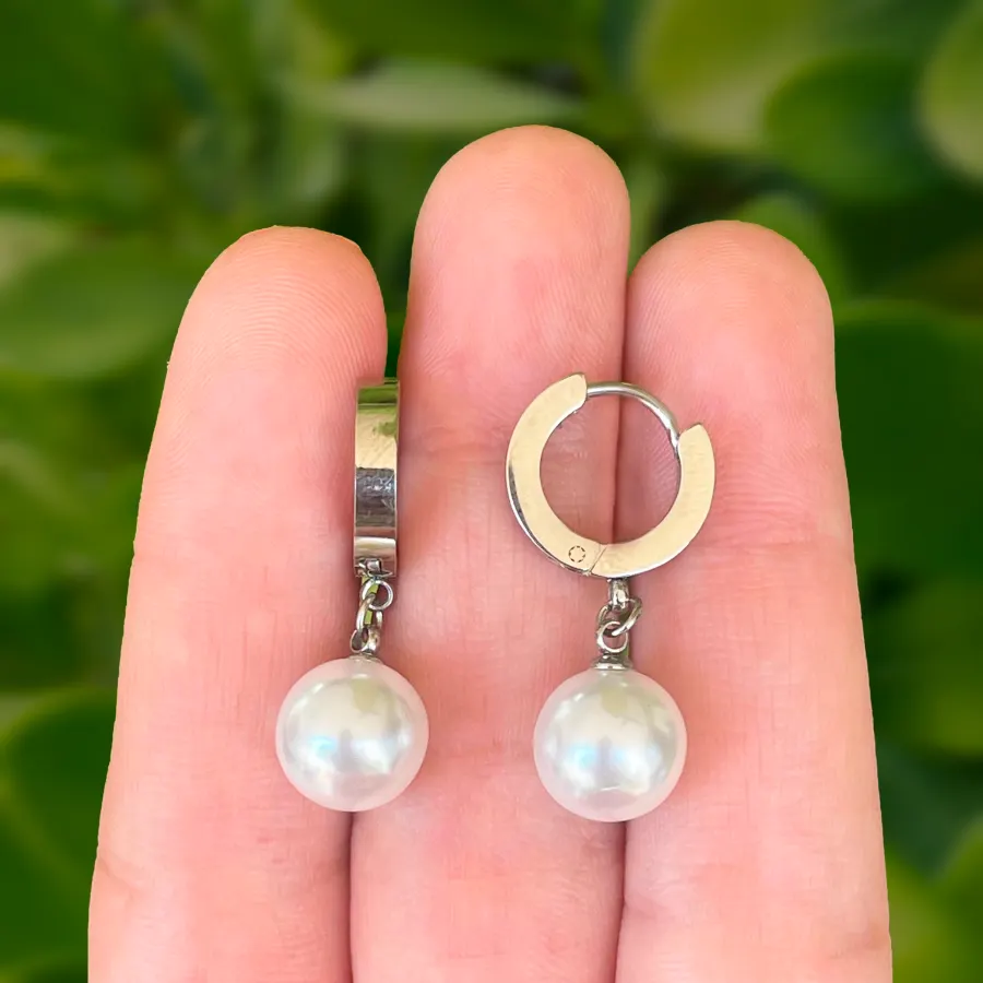 Aretes Arracada Plateada Perla Acero Inoxidable