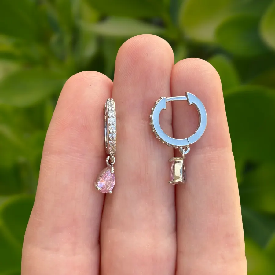 Aretes Arracada Plateada Zirconia Rosa Chapa de Oro