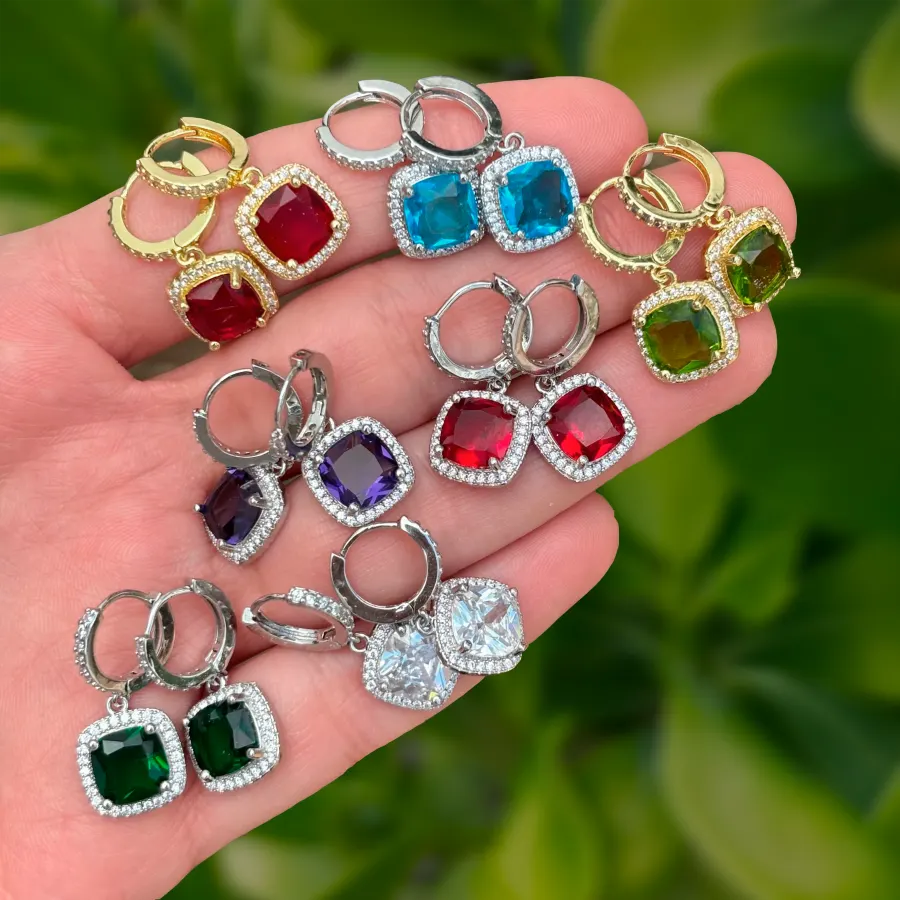 Aretes Arracada Zirconia de Colores Chapa de Oro