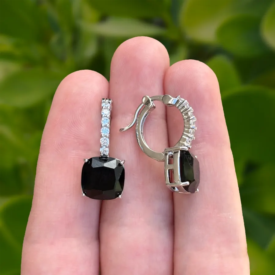 Aretes Arracada Plateada Zirconia Negra Chapa de Oro