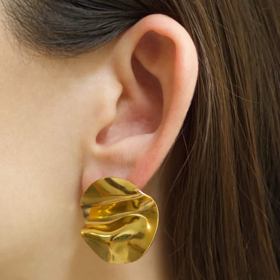 Aretes Circulo Arrugado Dorado Acero Inoxidable