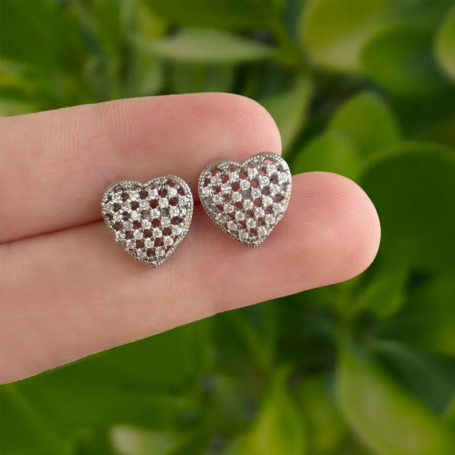 Aretes Corazon Plateado con Zirconias Chapa de Oro
