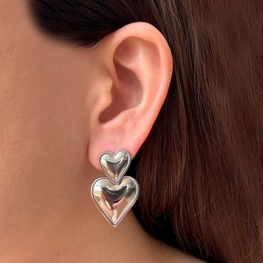 Aretes Plateados Corazones Acero Inoxidable