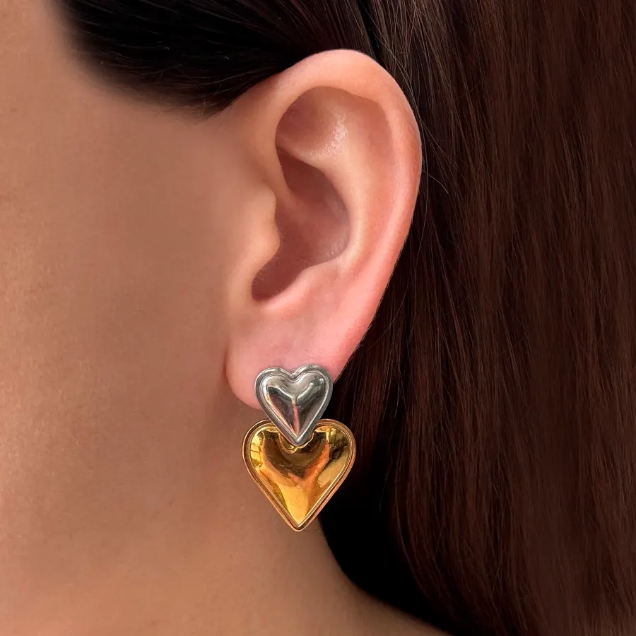 Aretes Corazones Oro-Plata Acero Inoxidable