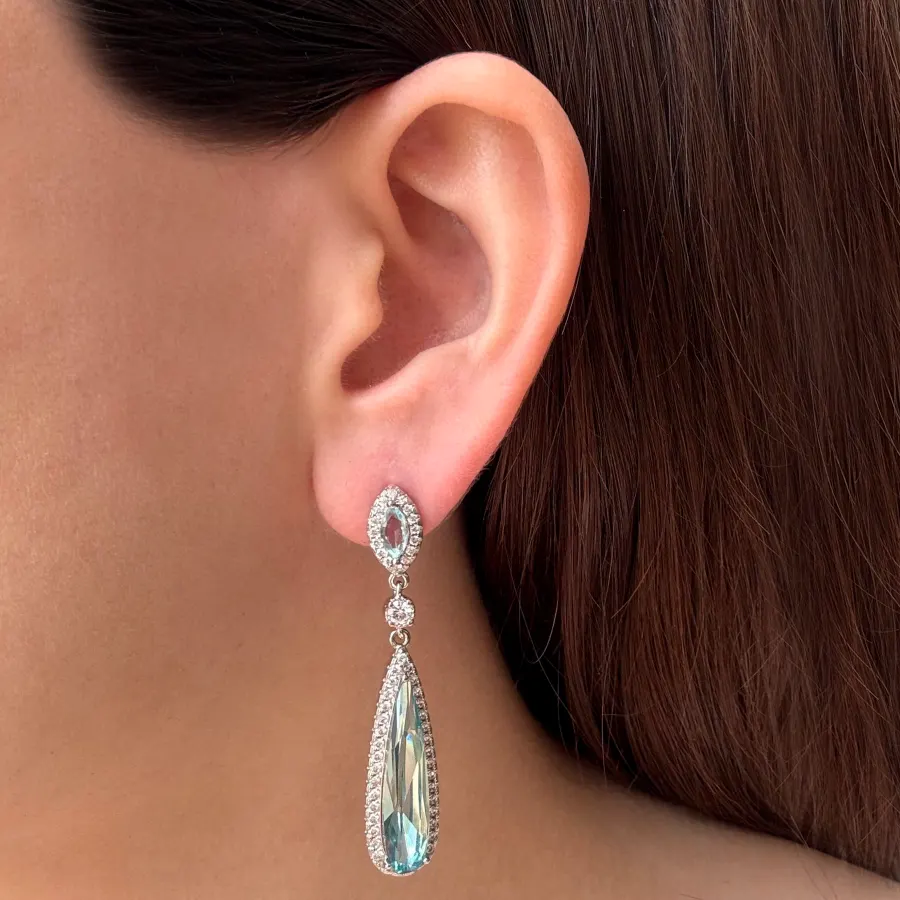 Aretes Aqua Cristal Zirconias Chapa de Oro