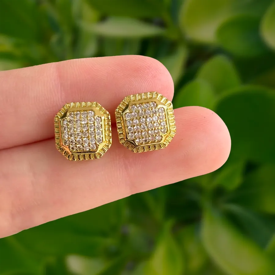Aretes Cuadrado Dorado Con Zirconias Chapa de Oro