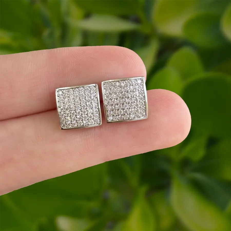 Aretes Plateado Cuadro con Zirconias Chapa de Oro