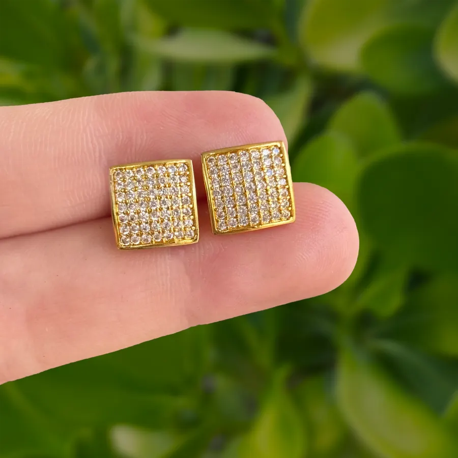 Aretes Dorado Cuadro con Zirconias Chapa de Oro